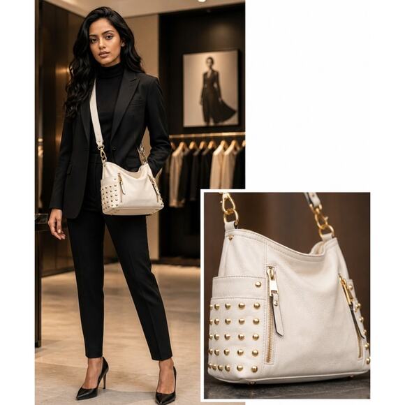 b. makowsky Handbags - B Makowsky Leather Gold Studded Cream Handbag 14x10